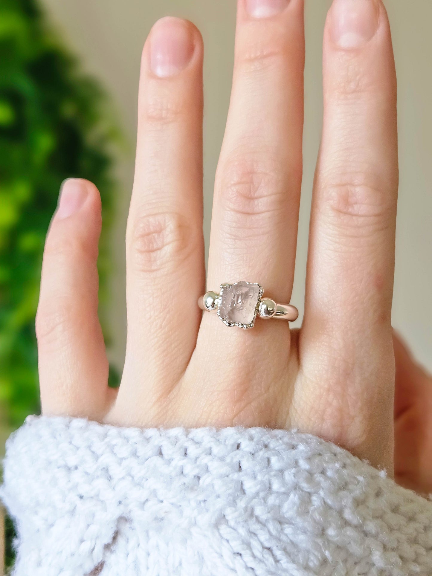 Bague argentée en Quartz rose