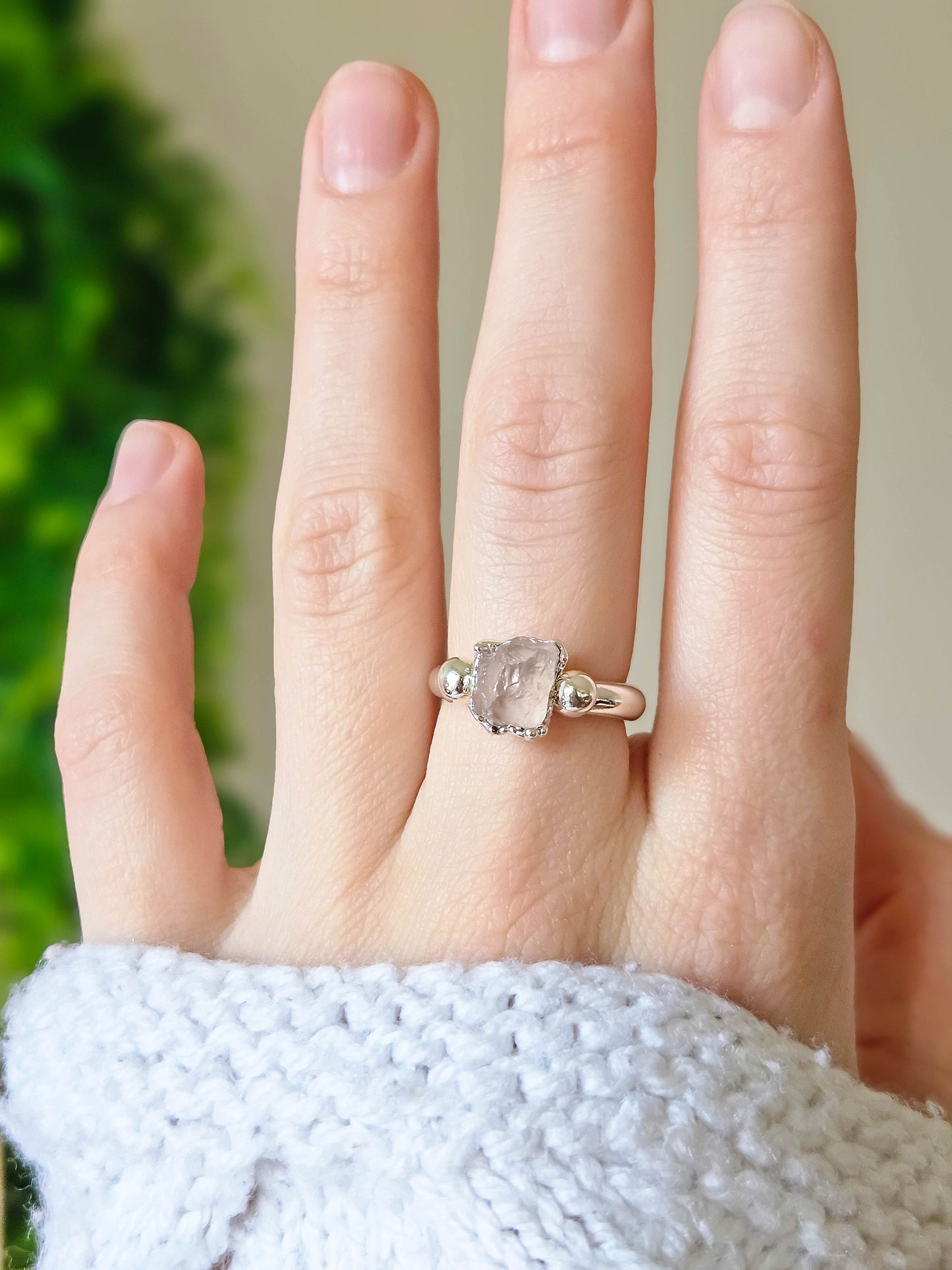 Bague argentée en Quartz rose