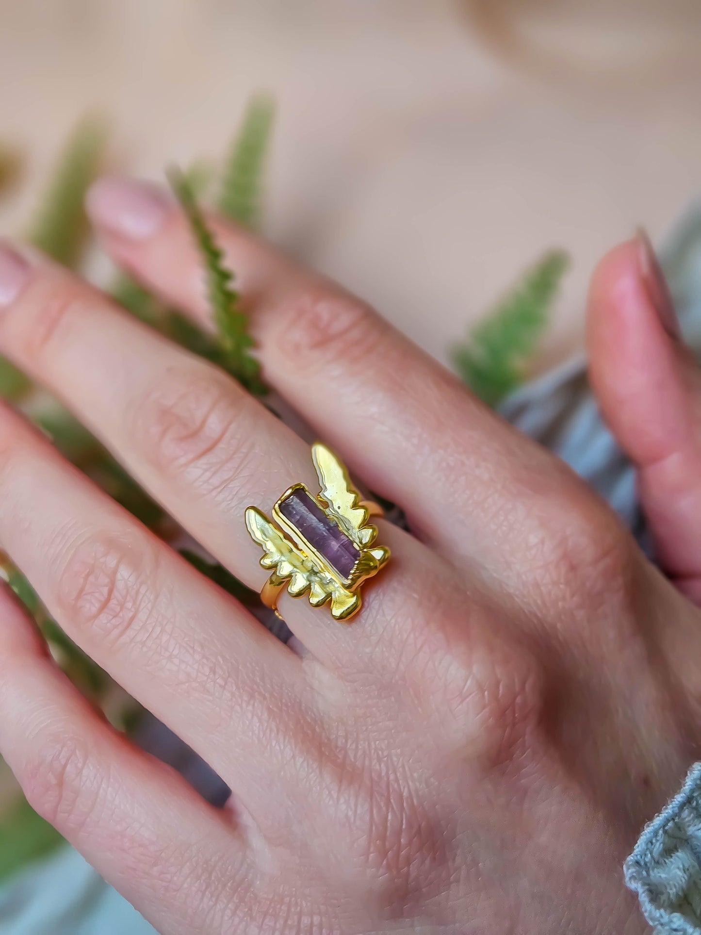 Bague Tourmaline rose & fougère, dorée
