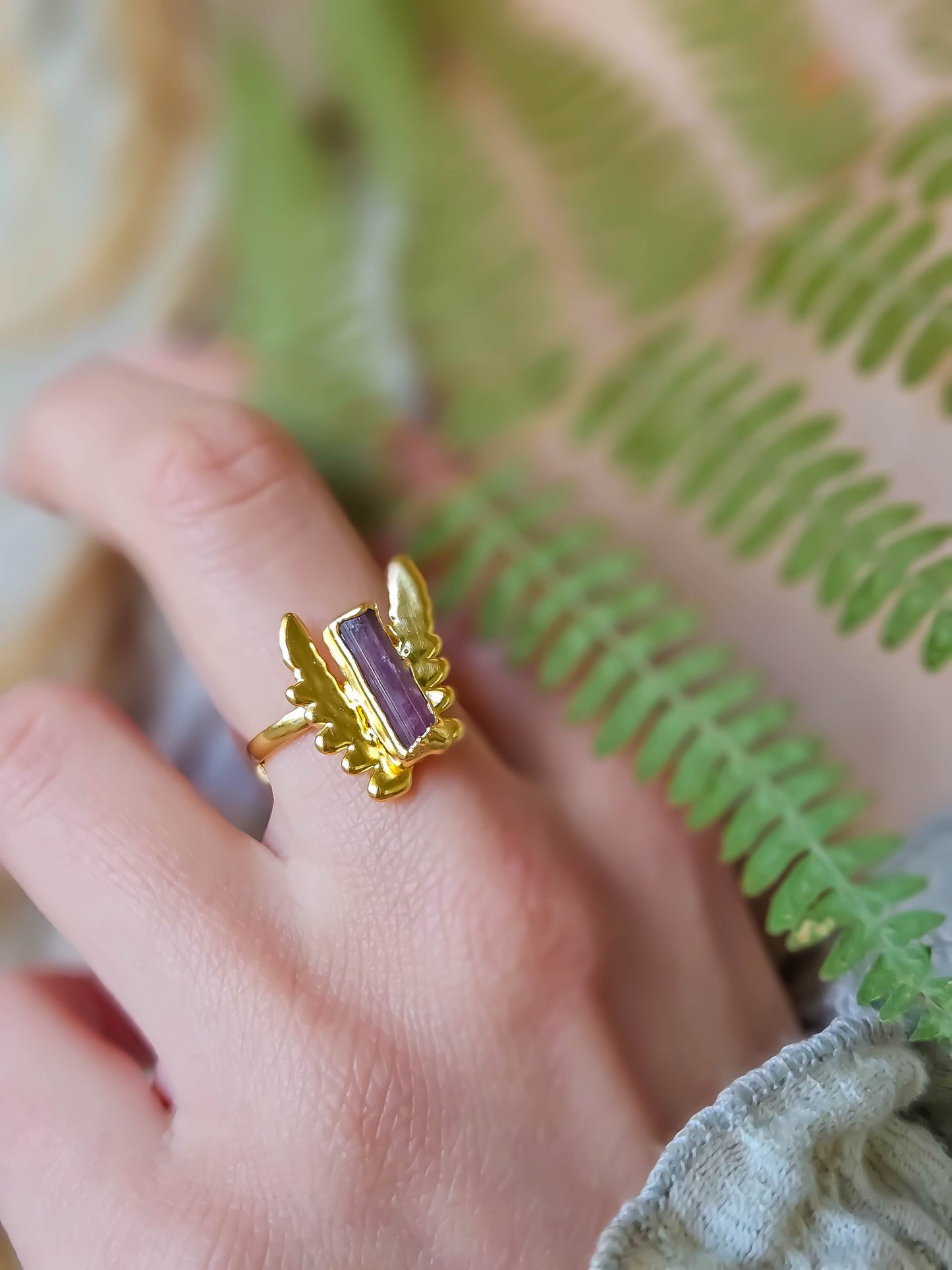 Bague Tourmaline rose & fougère, dorée