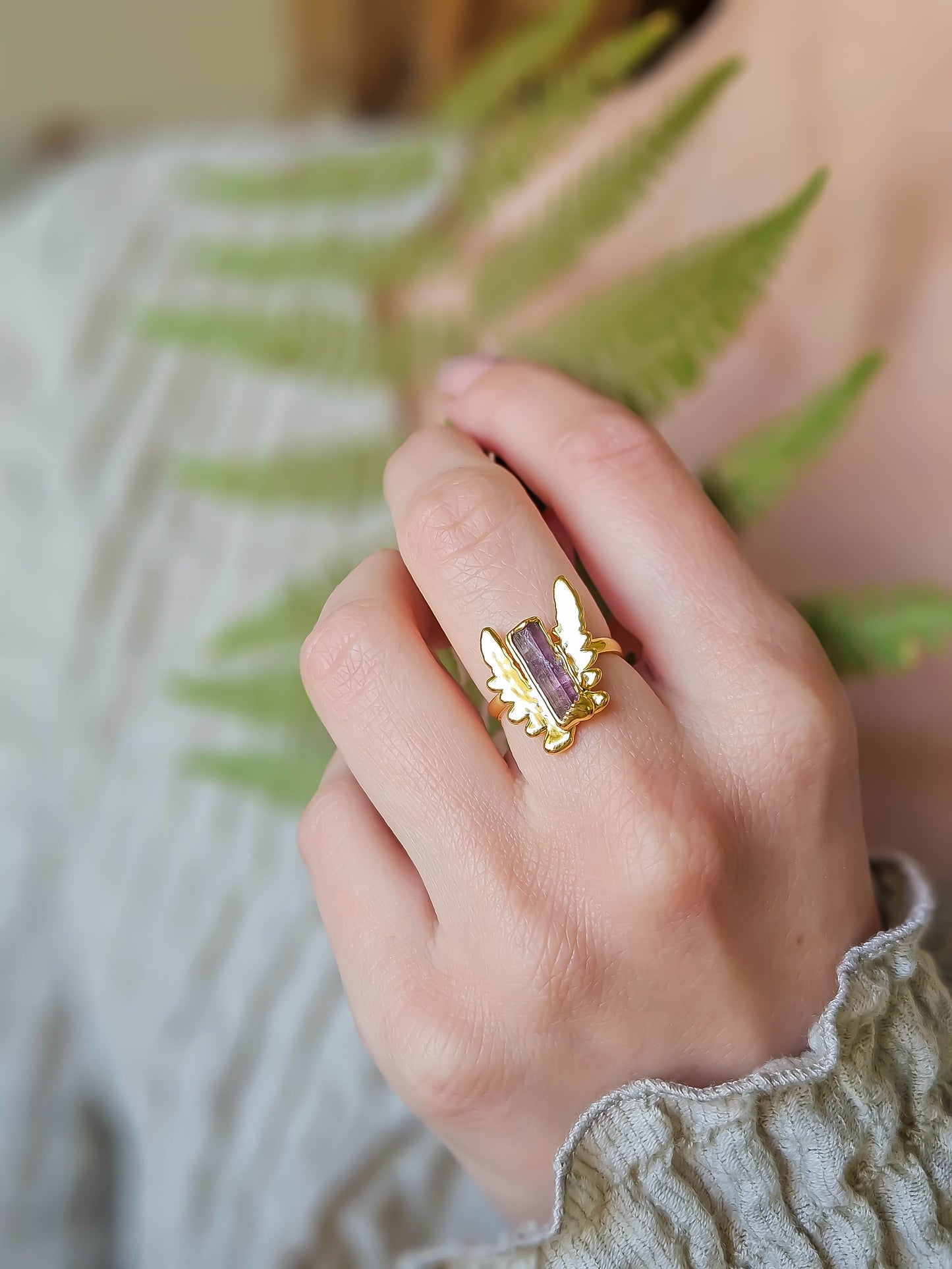 Bague Tourmaline rose & fougère, dorée