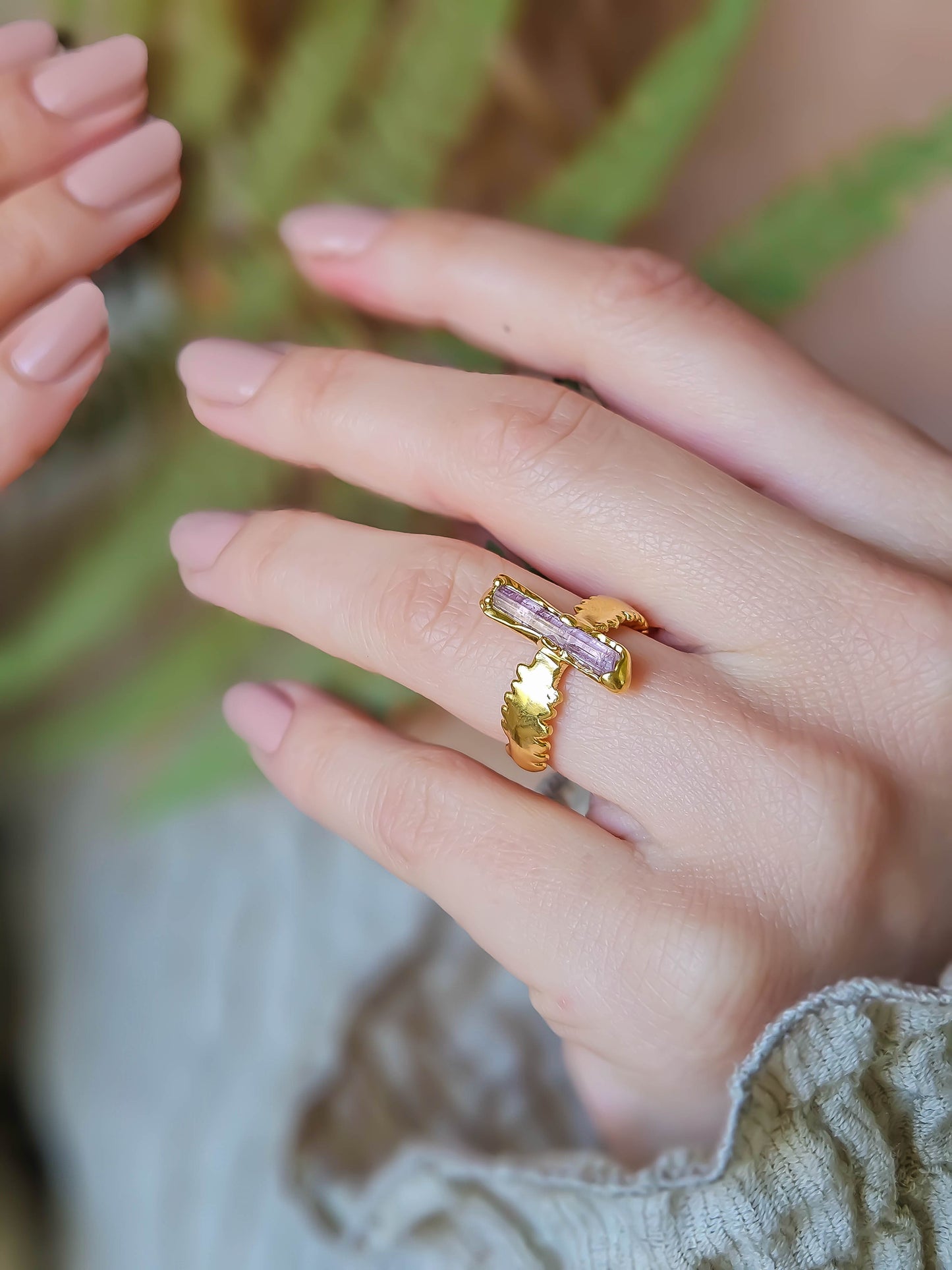 Bague Tourmaline rose & fougère, doré