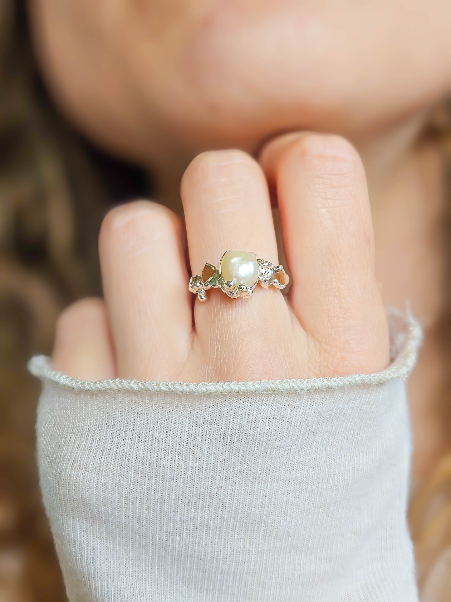 Bague Perle d'eau douce et pierre de soleil, Argent
