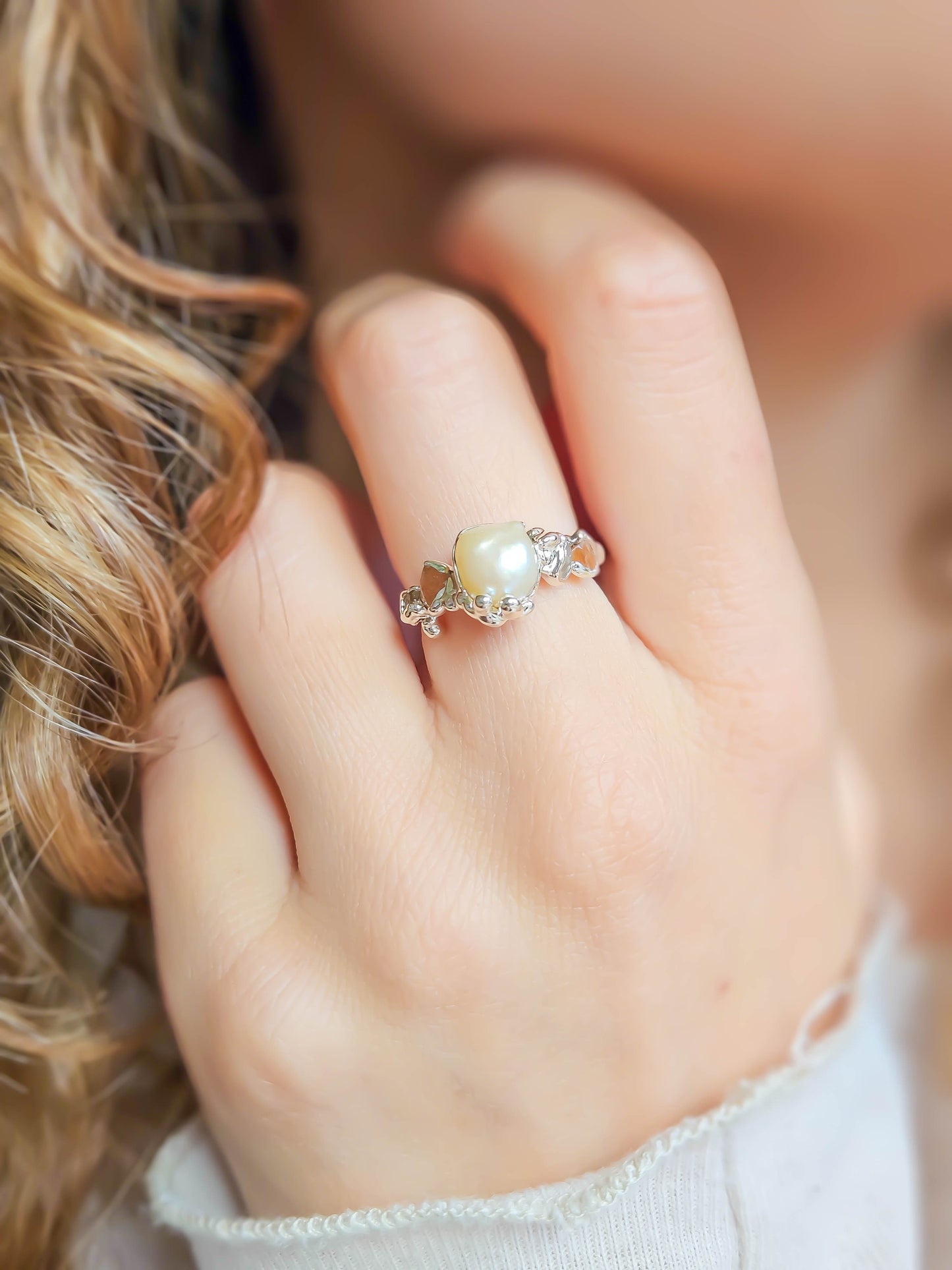 Bague Perle d'eau douce et pierre de soleil, Argent