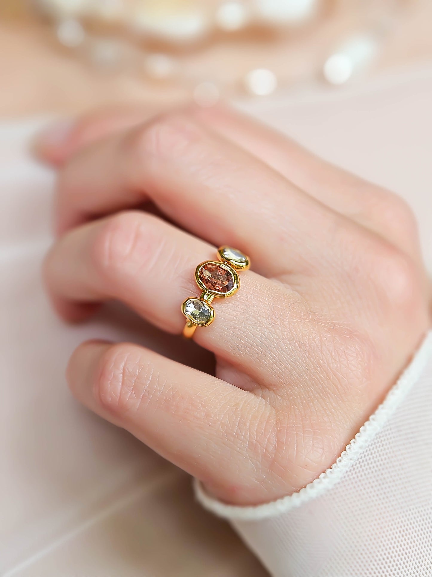 Bague cristal rose, doré