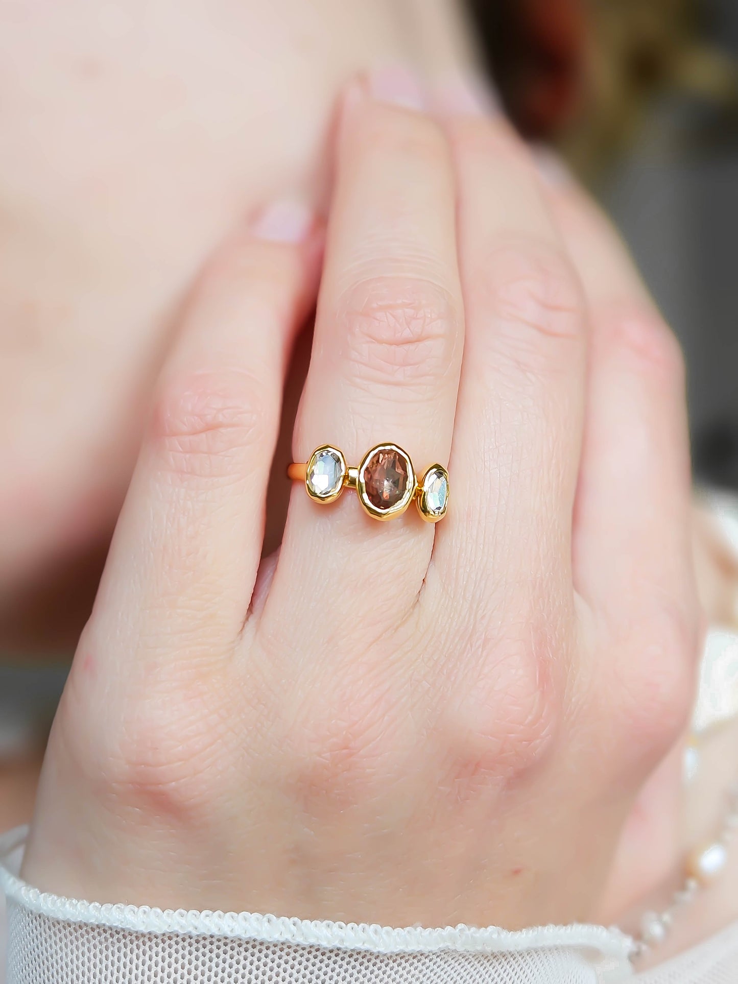 Bague cristal rose, doré