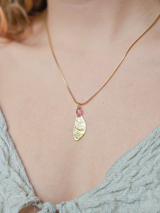 Collier samare doré, tourmaline rose