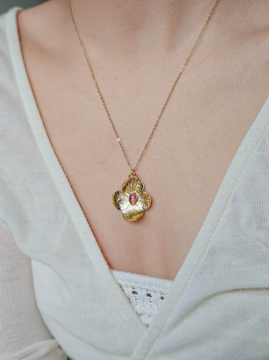 Collier Hortensia doré, Tourmaline rose