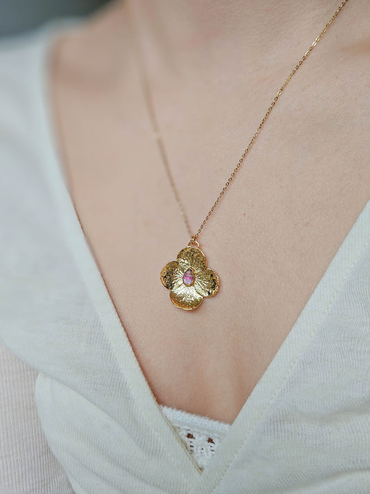 Collier Hortensia doré, Tourmaline rose