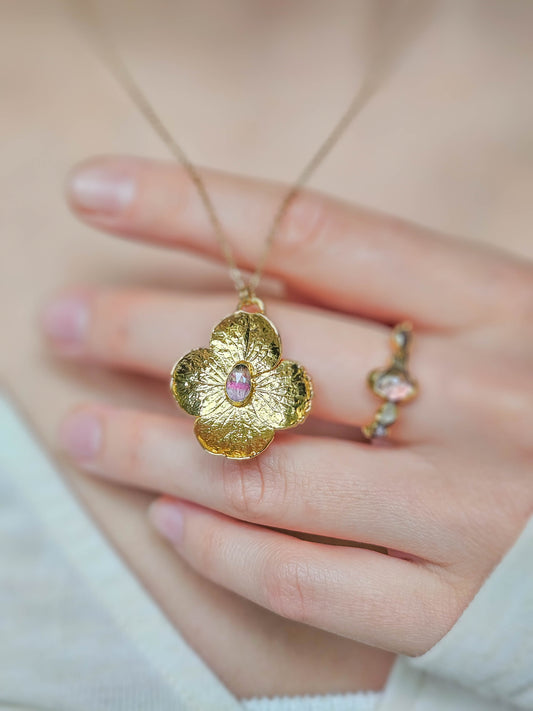 Collier Hortensia doré, Tourmaline rose