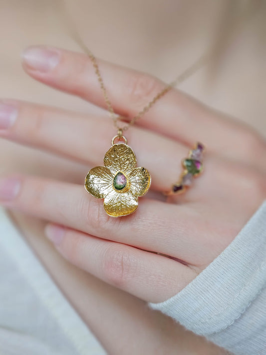 Collier Hortensia doré, Tourmaline rose et verte