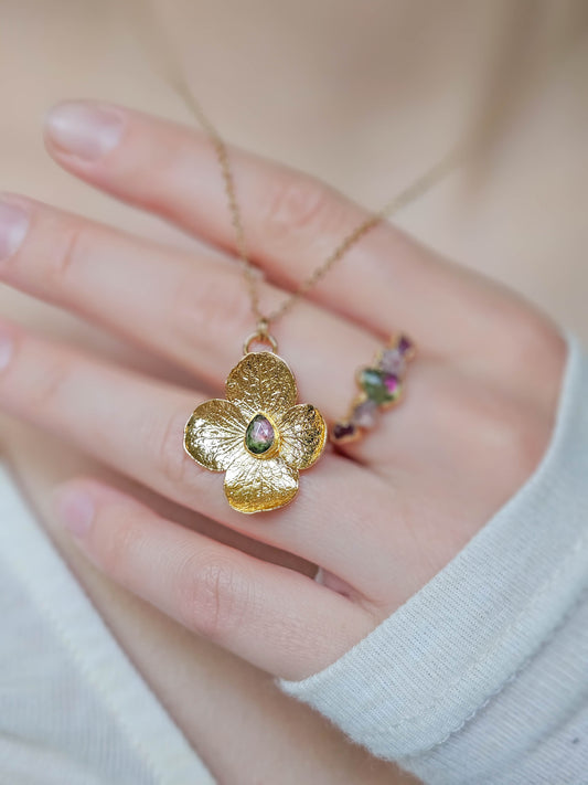Collier Hortensia doré, Tourmaline rose et verte