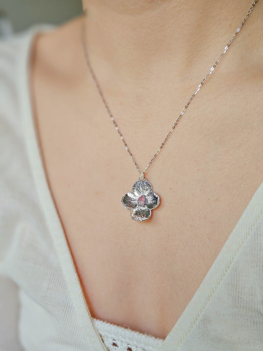 Collier Hortensia argenté, tourmaline rose