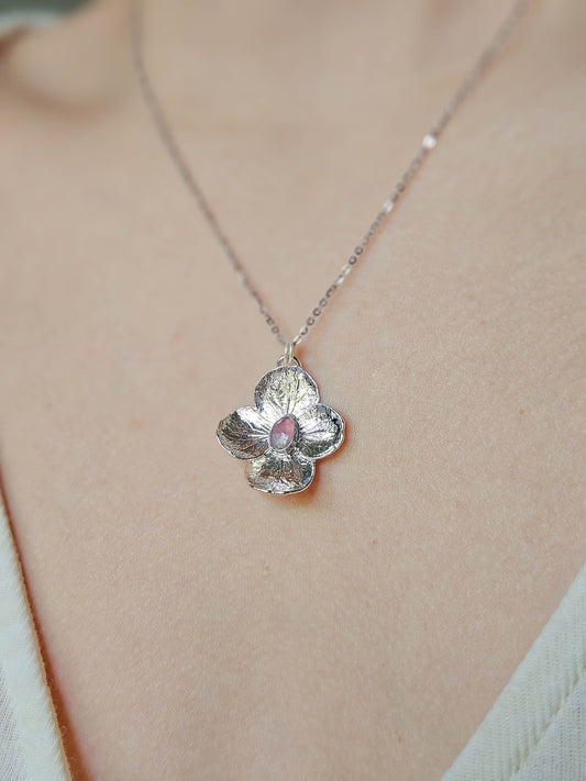 Collier Hortensia argenté, tourmaline rose