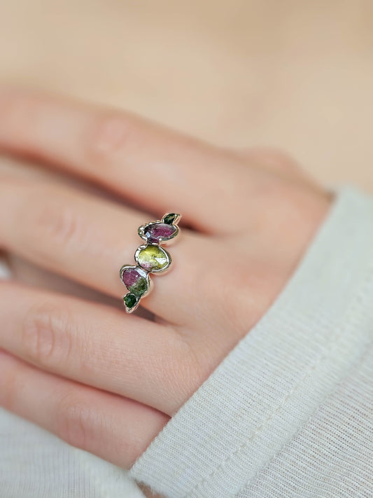 Bague Tourmaline verte et rose, argent