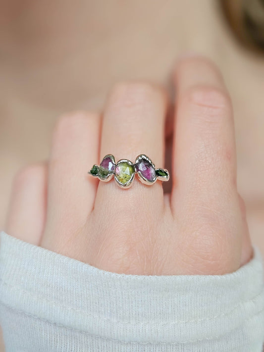 Bague Tourmaline verte et rose, argent