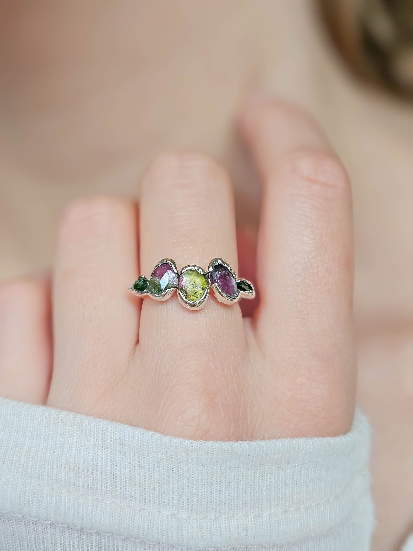 Bague Tourmaline verte et rose, argent