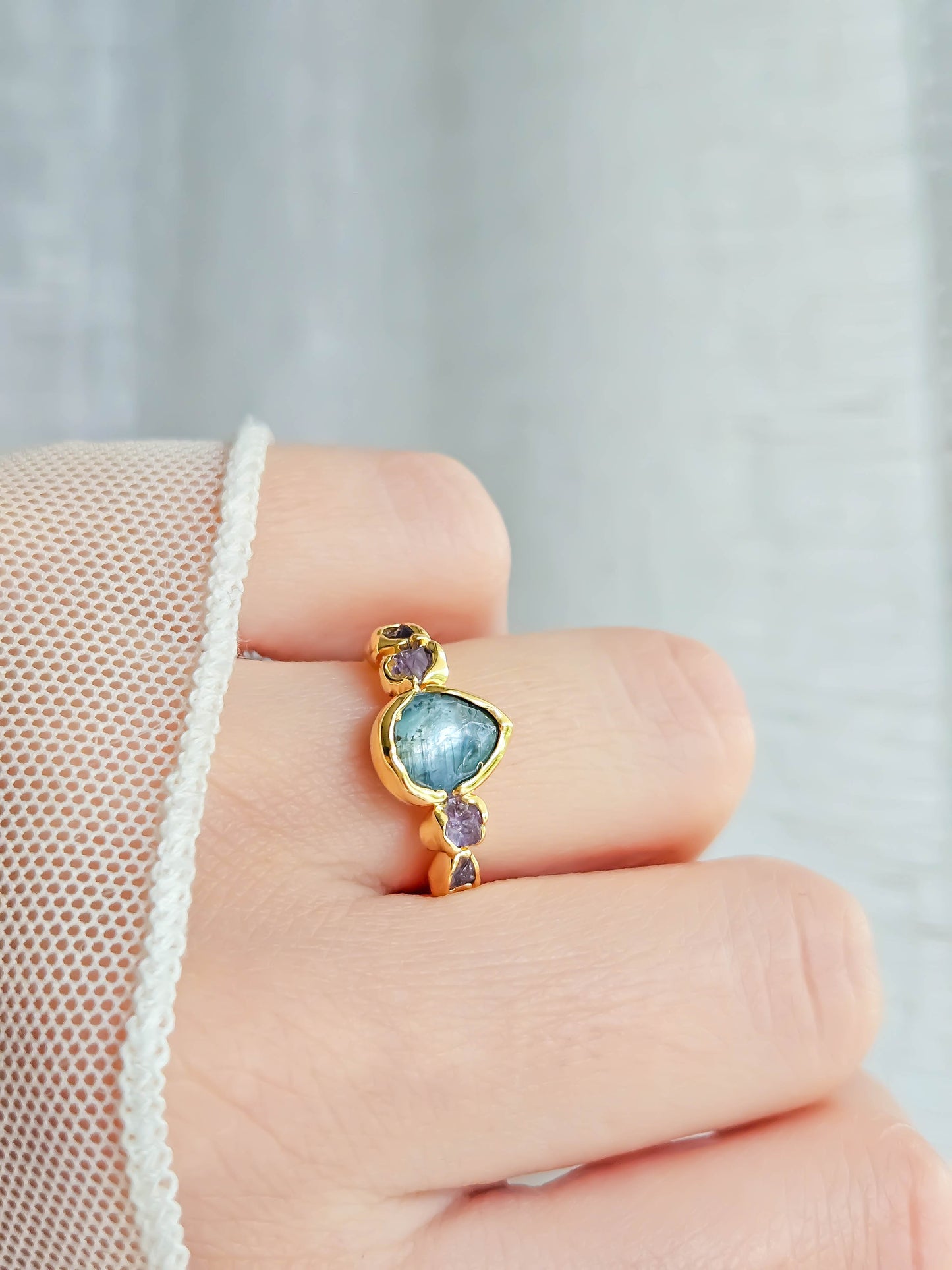 Bague Aigue Marine & Améthyste, dorée