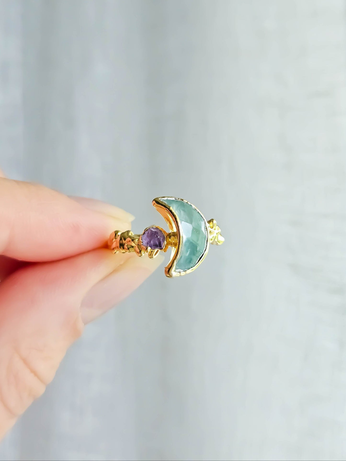 Bague lune fluorite, dorée, T52