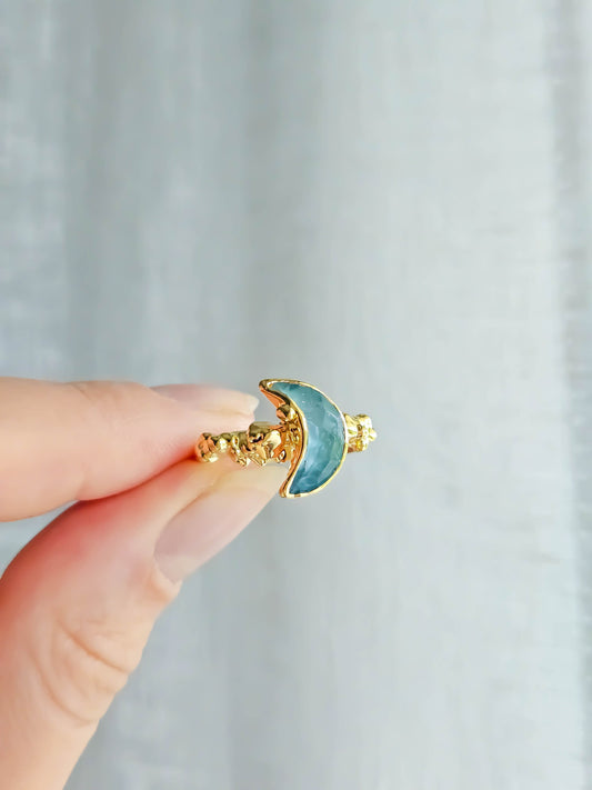 Bague lune fluorite, dorée, T52