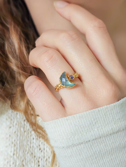 Bague lune fluorite, dorée, T52