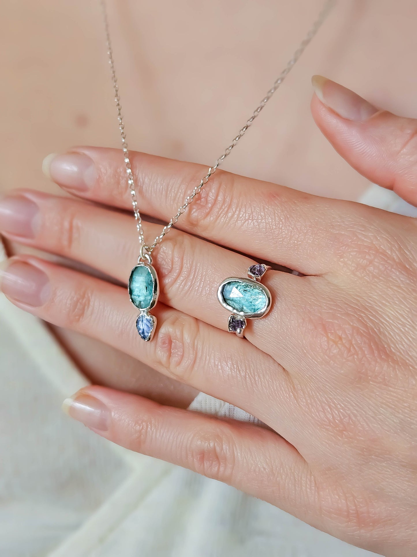 Bague Kyanite bleu et Améthyste, Argent