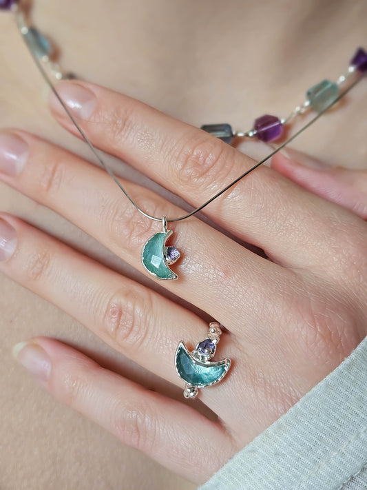 Collier lune en fluorite, Argent