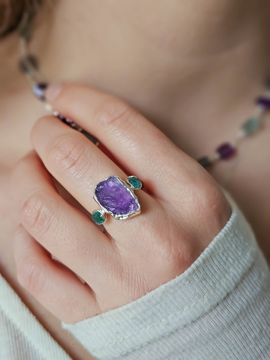 Bague Améthyste et pépite d'Apatite, Argent