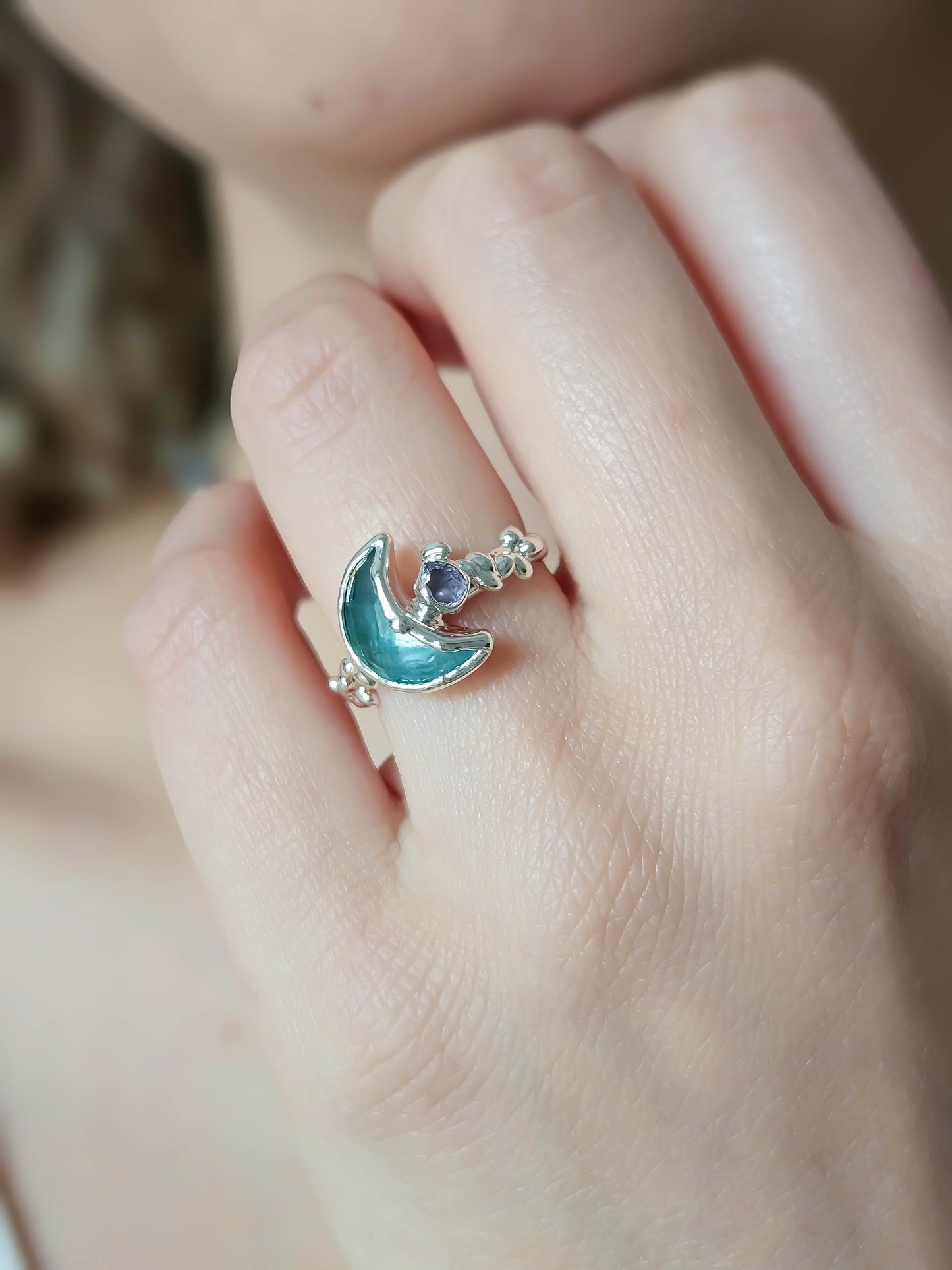 Bague lune fluorite,Argent, T49/50/52/54