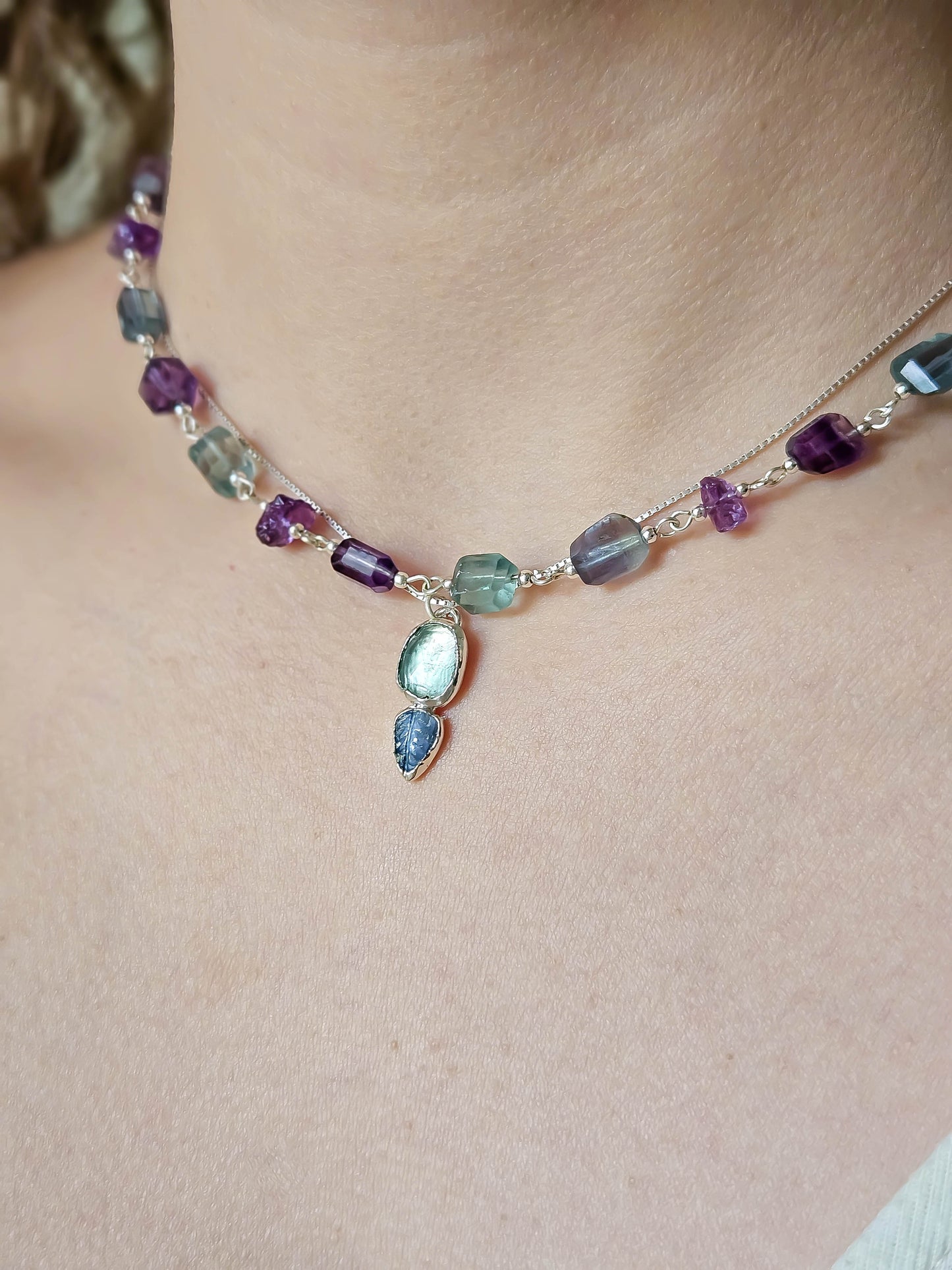 Pendentif en Fluorite bleue et tanzanite, Argent