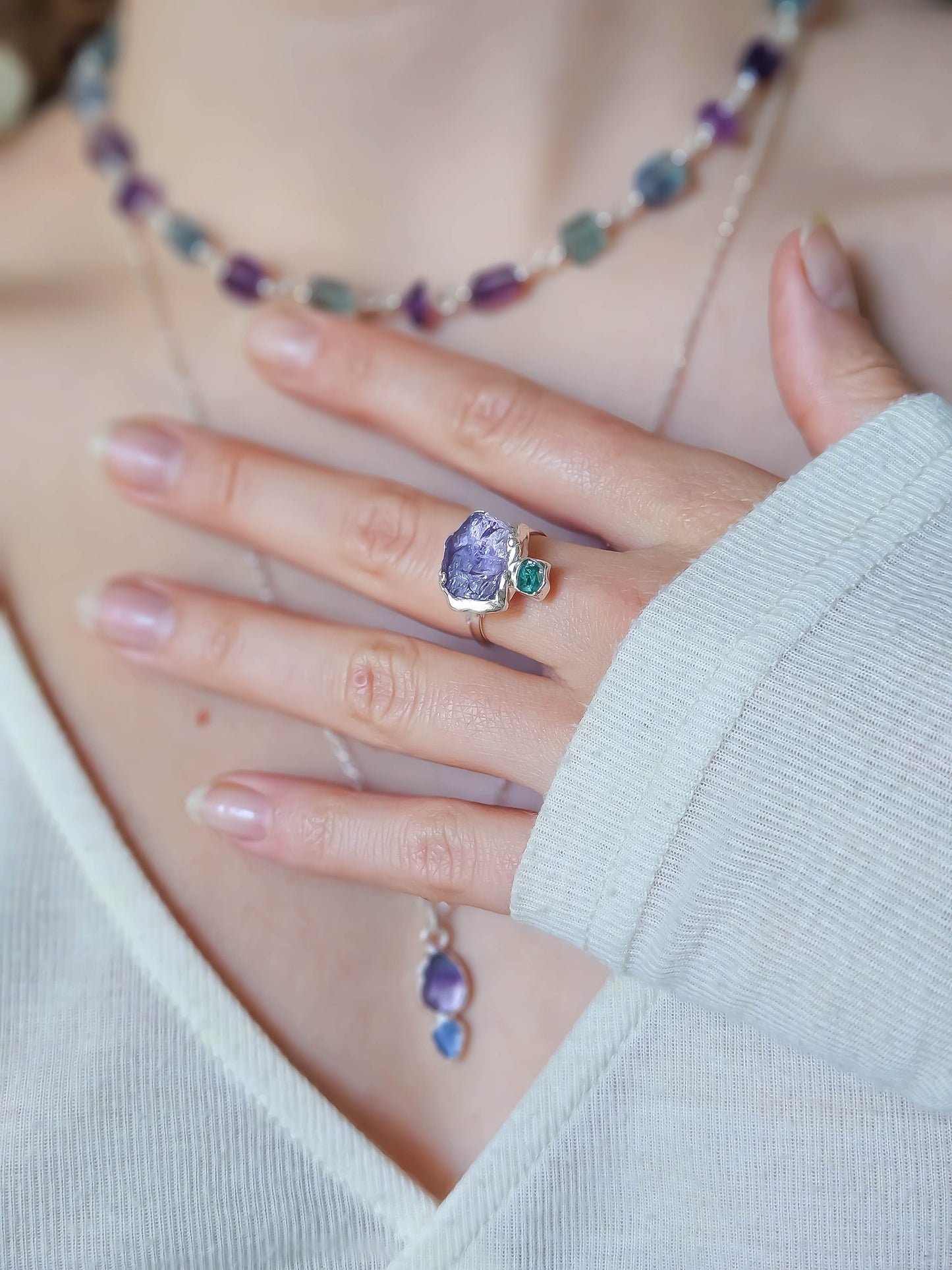 Bague Améthyste et pépite d'Apatite, Argent