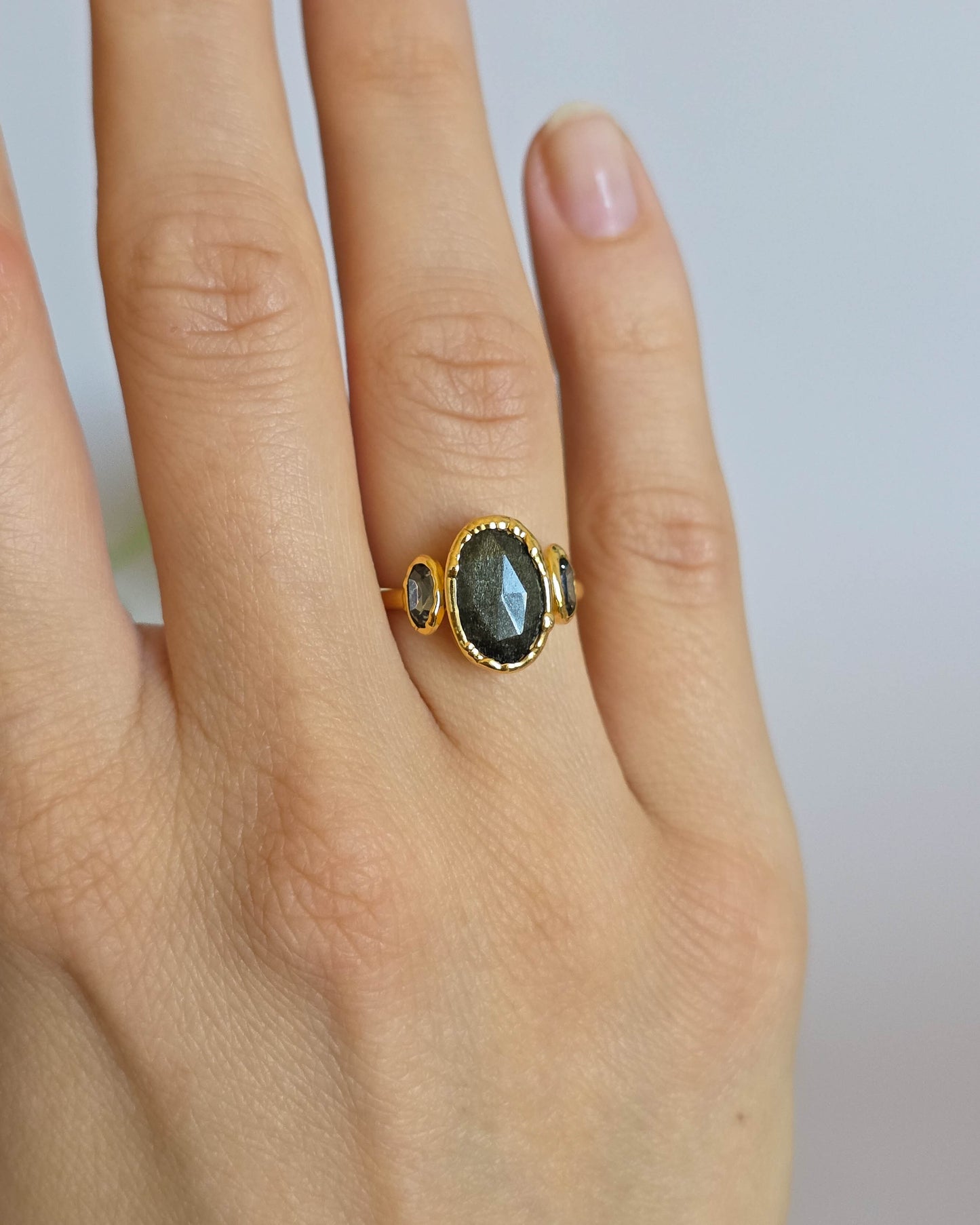 Bague obsidienne & cristal autrichien, réglable T52-54