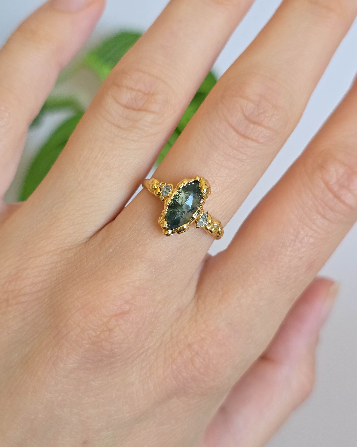 Bague Agate mousse& diamant herkimer, T54