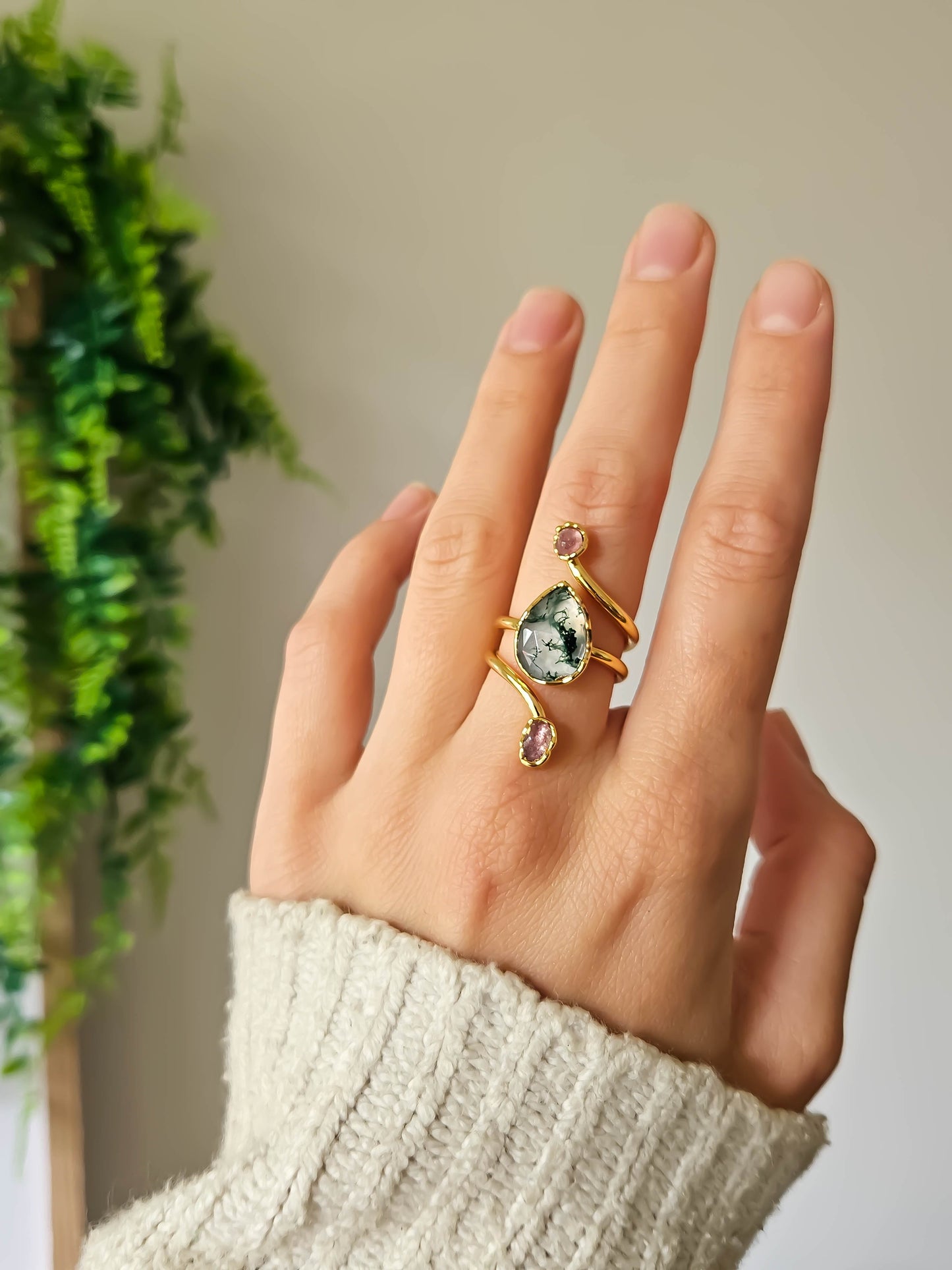 Bague en Agate mousse et quartz fraise, doré