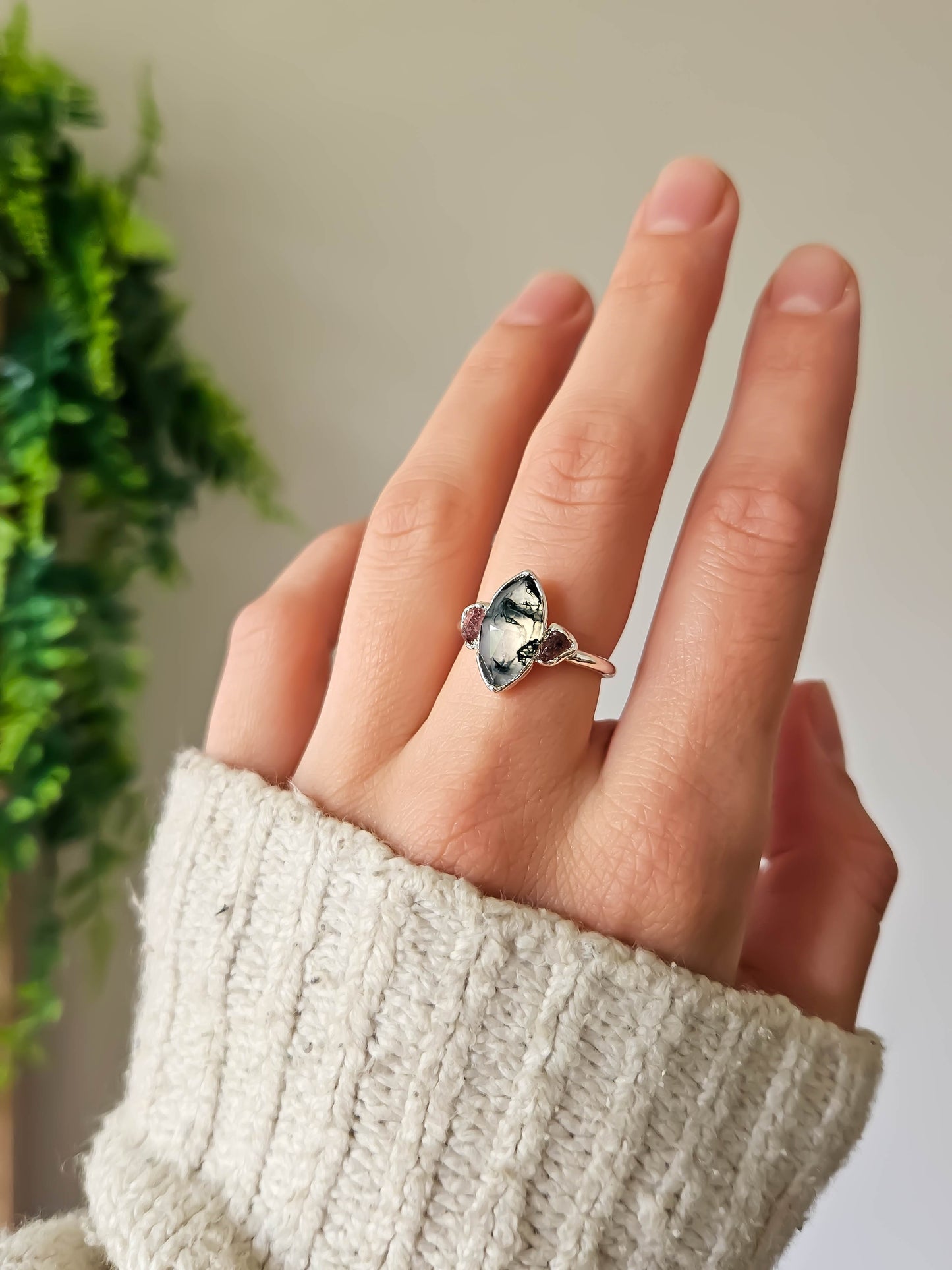 Bague en Agate mousse et Quartz fraise, argenté