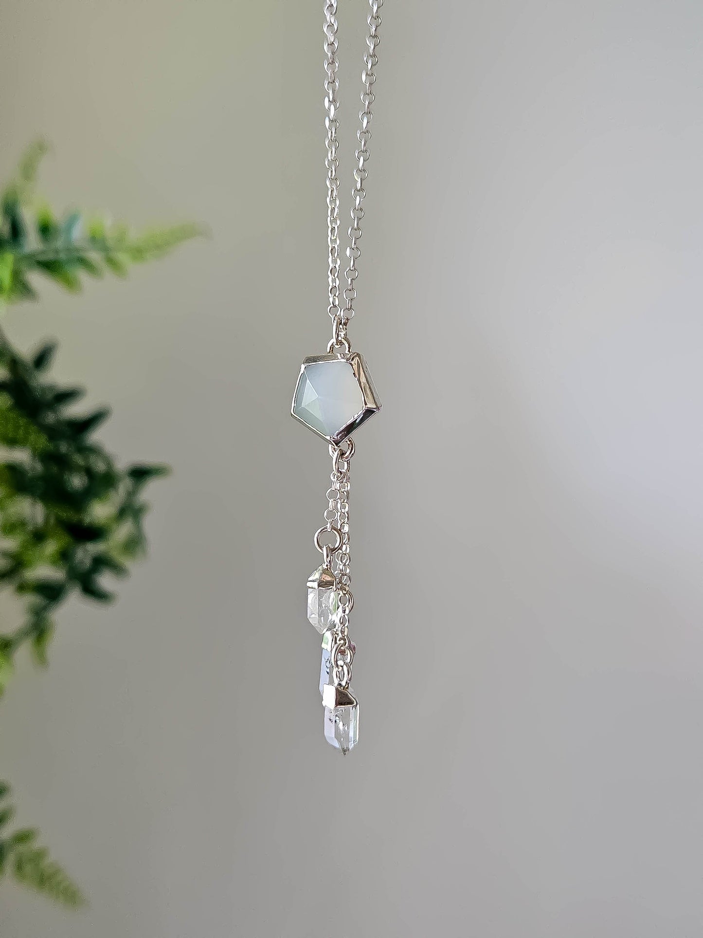 Collier argent Pierre de lune blanche et 3 pointe de quartz II