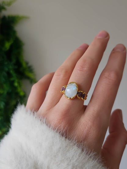 Bague Pierre de lune et Tourmaline rose