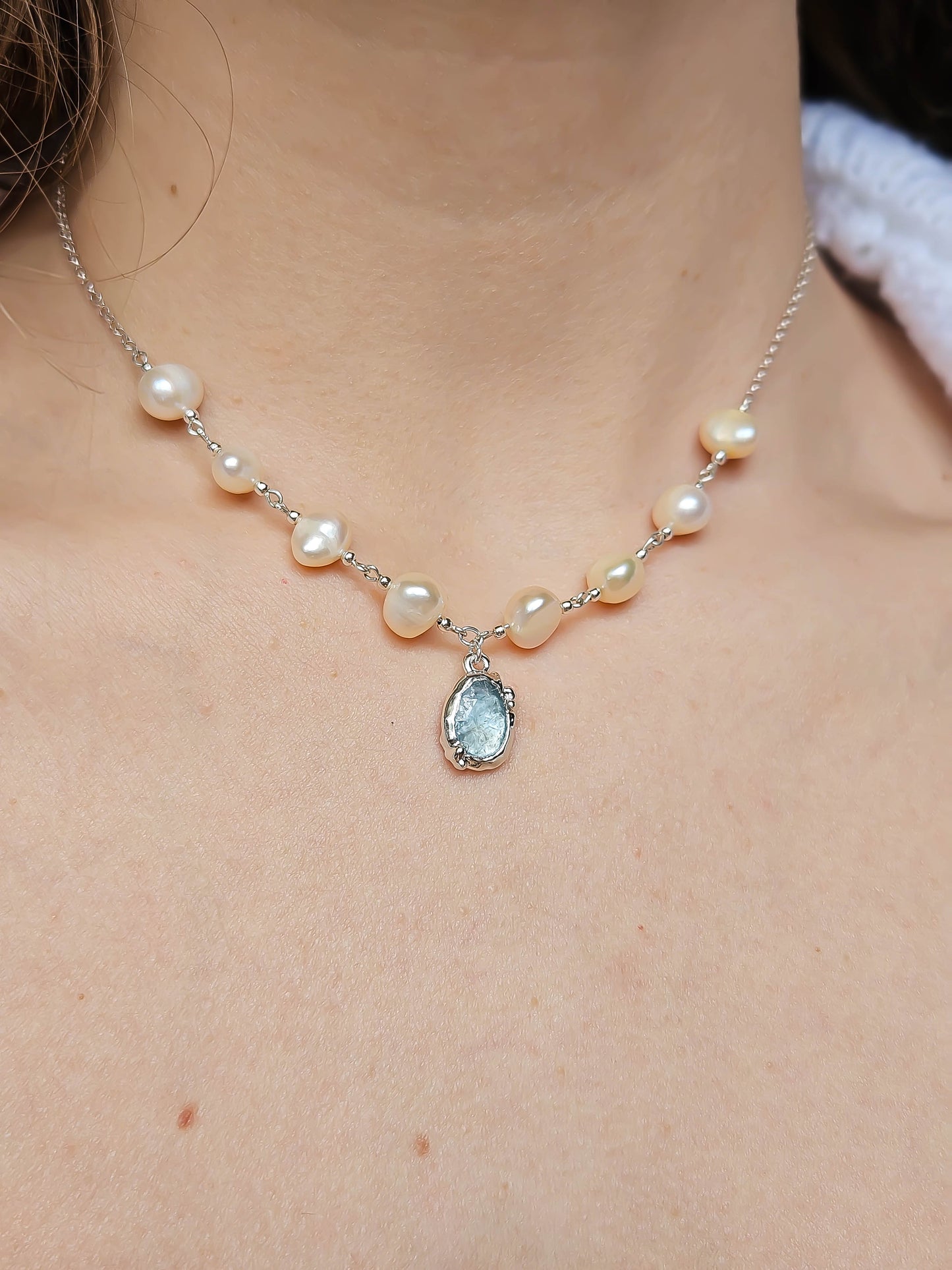 Collier Perles d'eau douce et Aigue marine