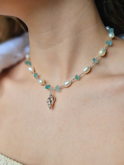 Collier 2 en 1 : Perles d'eau douce, Apatite & coquillage argenté II