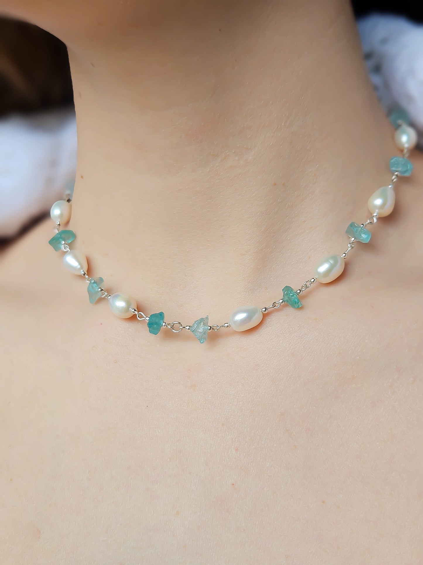 Collier 2 en 1 : Perles d'eau douce, Apatite & coquillage argenté II