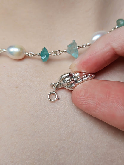 Collier 2 en 1 : Perles d'eau douce, Apatite & coquillage argenté II