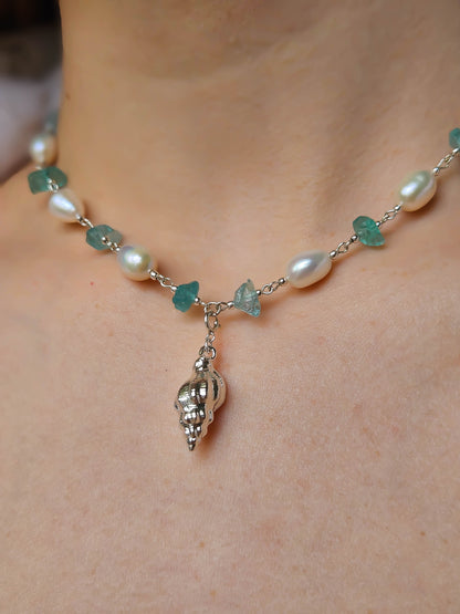 Collier 2 en 1 : Perles d'eau douce, Apatite & coquillage argenté II