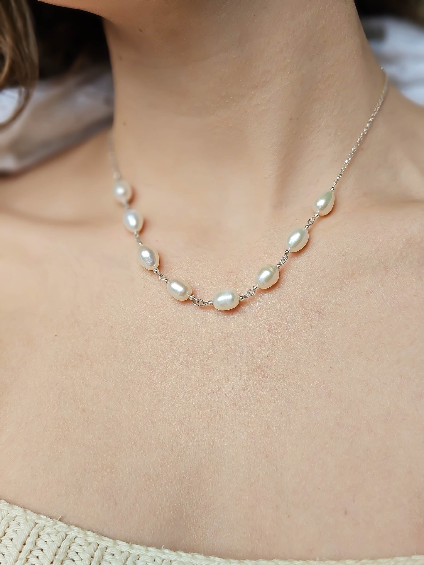 Collier 2 en 1 : Perles d'eau douce & coquillage argenté