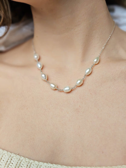 Collier 2 en 1 : Perles d'eau douce & coquillage argenté