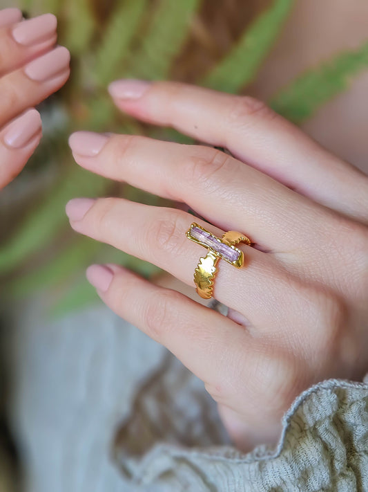 Bague Tourmaline rose & fougère, doré