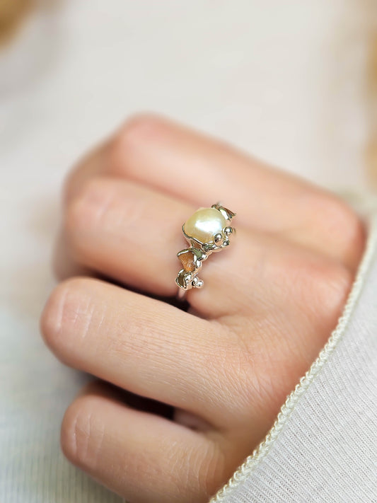 Bague Perle d'eau douce et pierre de soleil, Argent