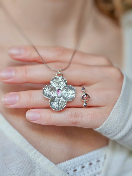 Collier Hortensia argenté, tourmaline rose