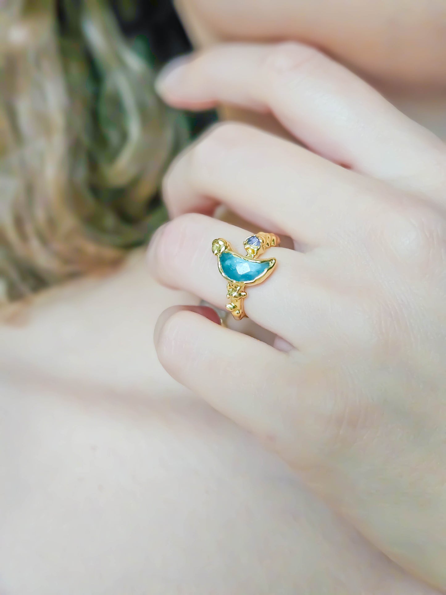 Bague lune fluorite, dorée, T49