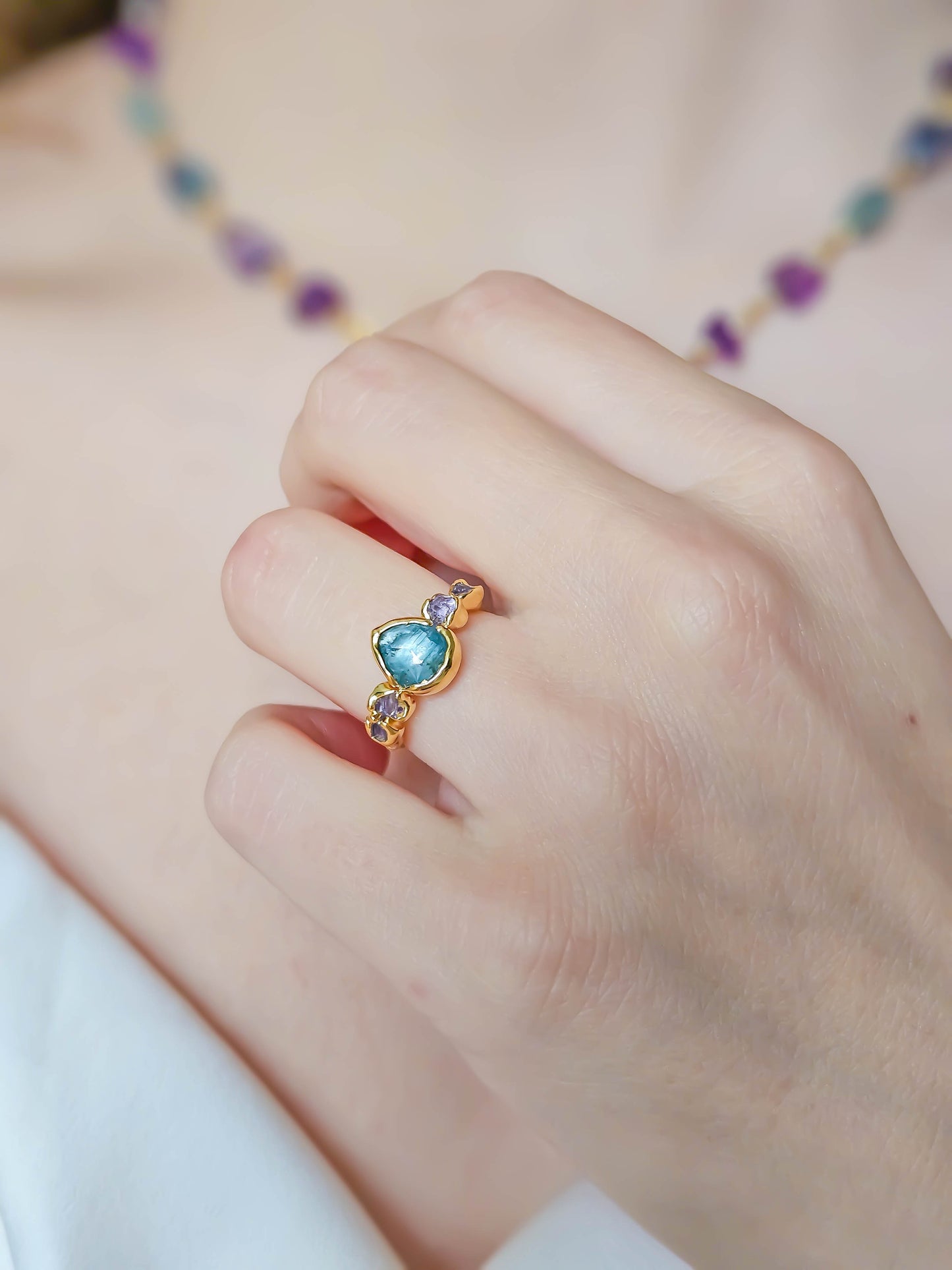 Bague Aigue Marine & Améthyste, dorée