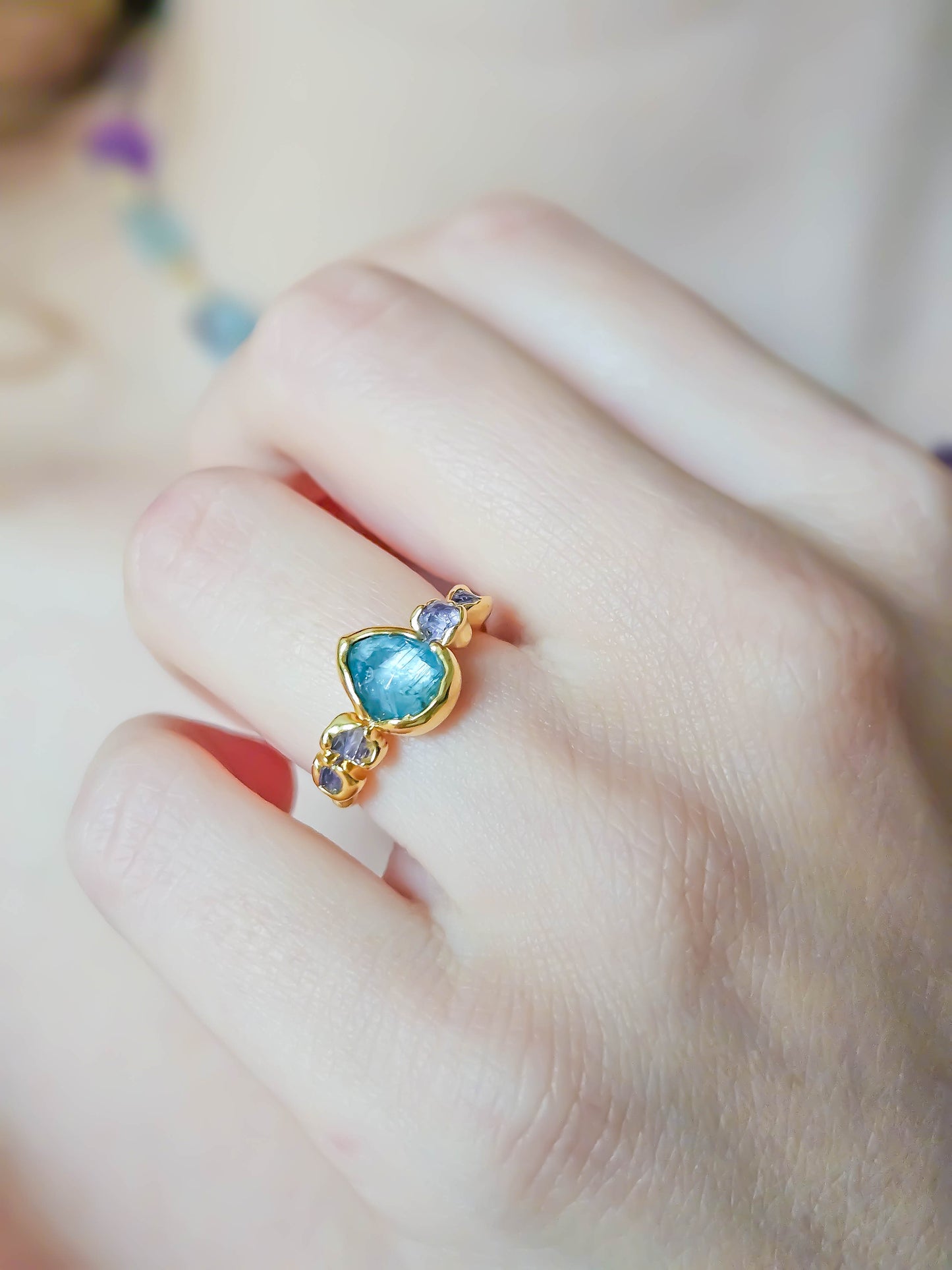 Bague Aigue Marine & Améthyste, dorée